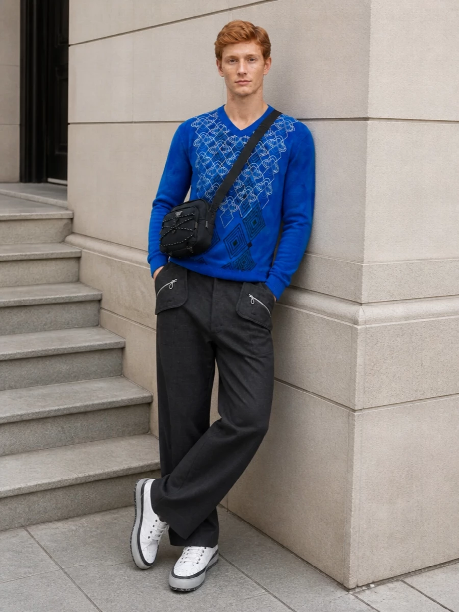 Kiko blue sweater wide leg trousers outfit