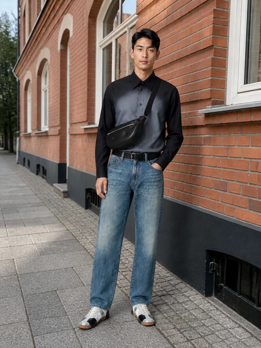 Mm6 denim with the integrated black waistband meets a gradient shirt and black accented Margiela sneakers for a tight monochrome story grounded by faded blue. The proportions stay clean and straight, so the conceptual details can read clearly rather than loud. A quilted black crossbody and a slim Prada belt add just enough structure to keep this firmly in the refined streetwear space.