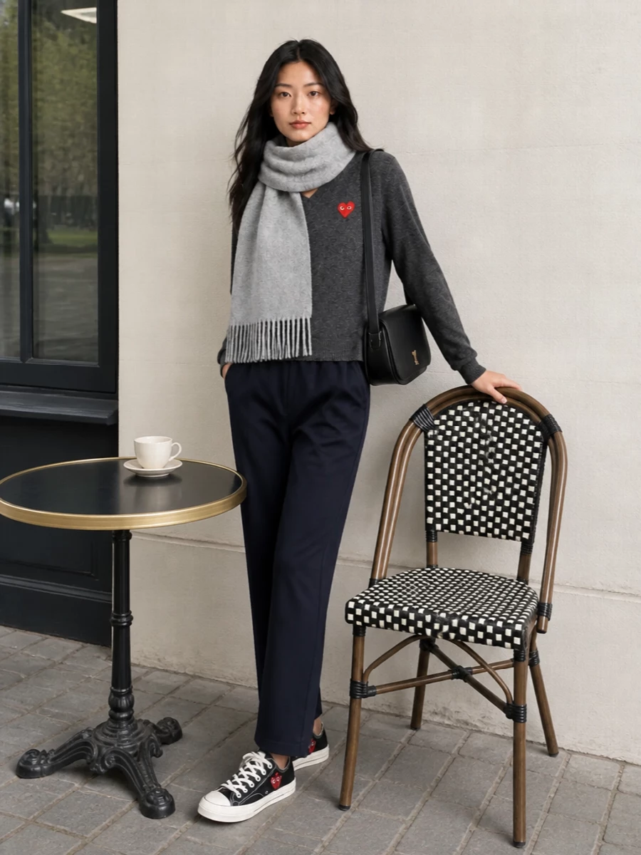 Comme des garcons play sweater navy pants outfit