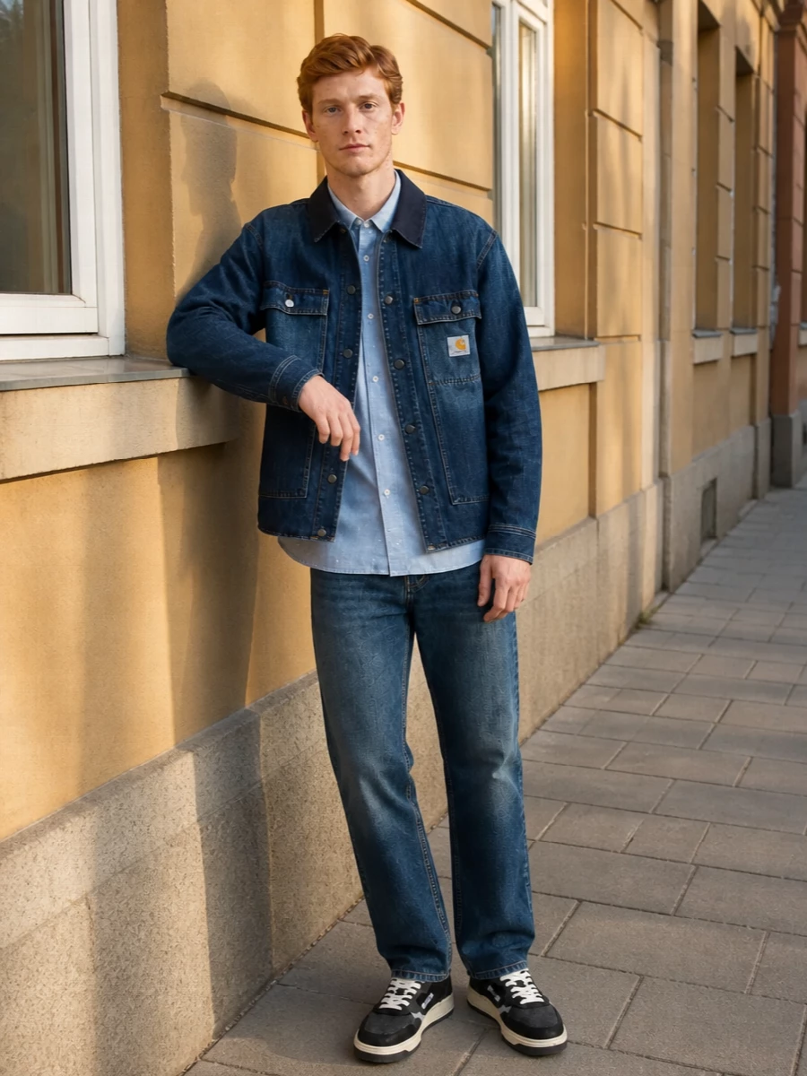 Carhartt wip denim jacket jeans sneakers outfit