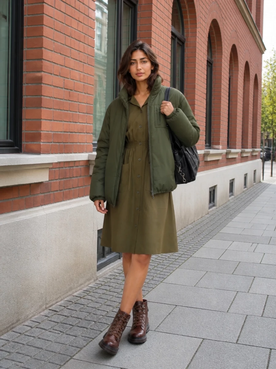 Miu miu olive puffer shirt dress hiking boots