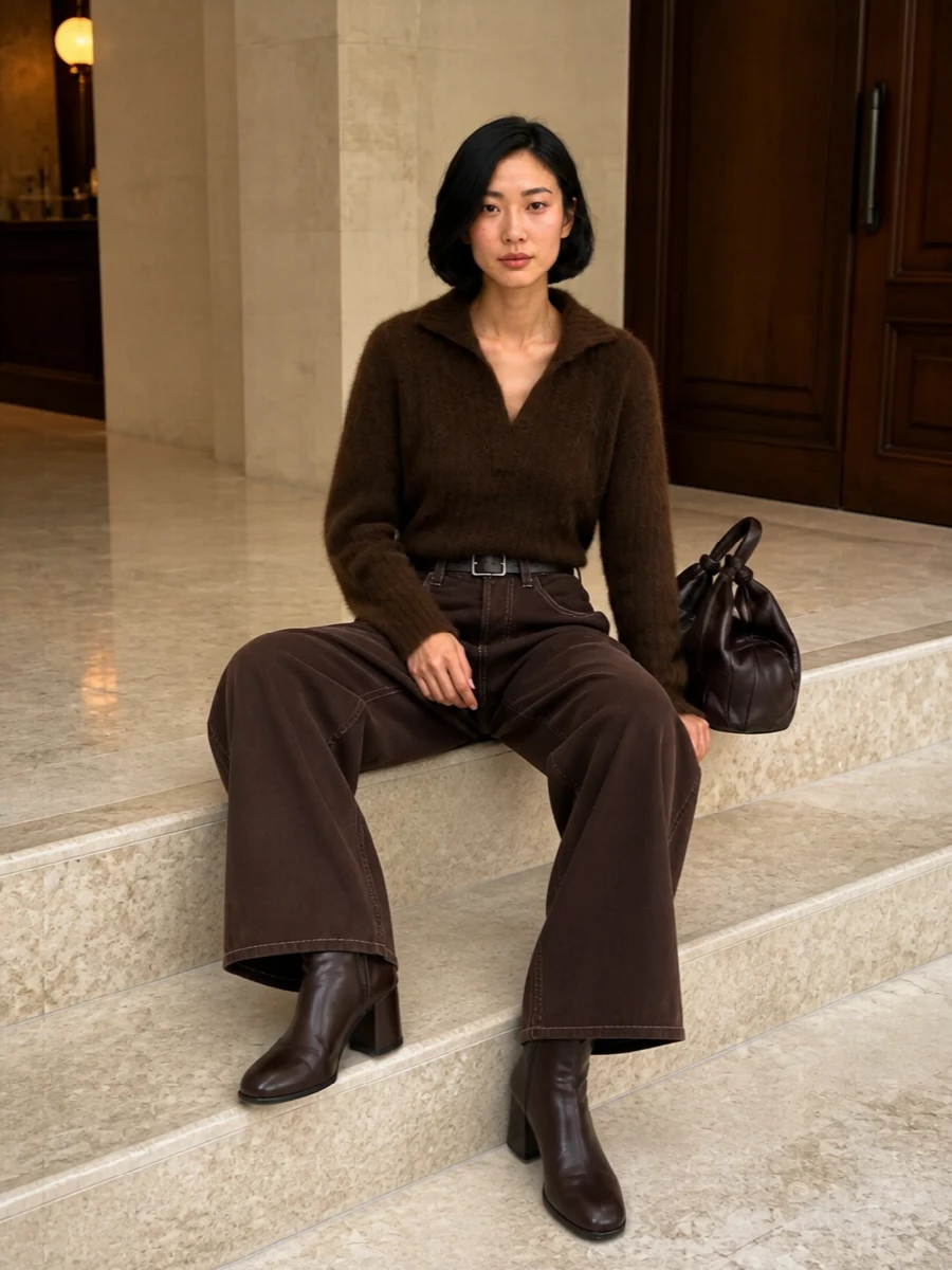 Uma wang wide leg jeans brown knit and boots