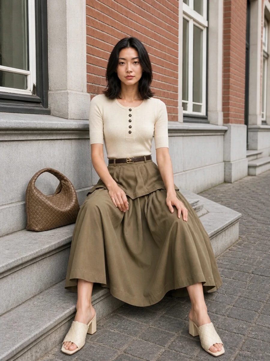 Bottega veneta pleated midi skirt neutral outfit