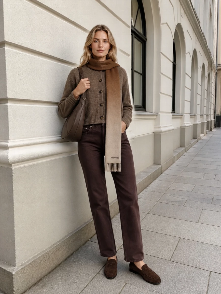 Loulou studio cardigan chocolate jeans outfit