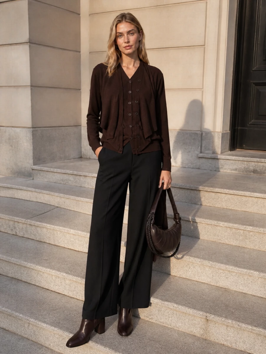 Dark chocolate on top, inky black through the leg and deep brown accessories create a quietly tonal city uniform. The wide-leg trouser and sculptural cardigan play off each other, relaxed in movement but precise in line. Rounded ankle boots and a curved shoulder bag keep the finish soft and considered rather than sharp.