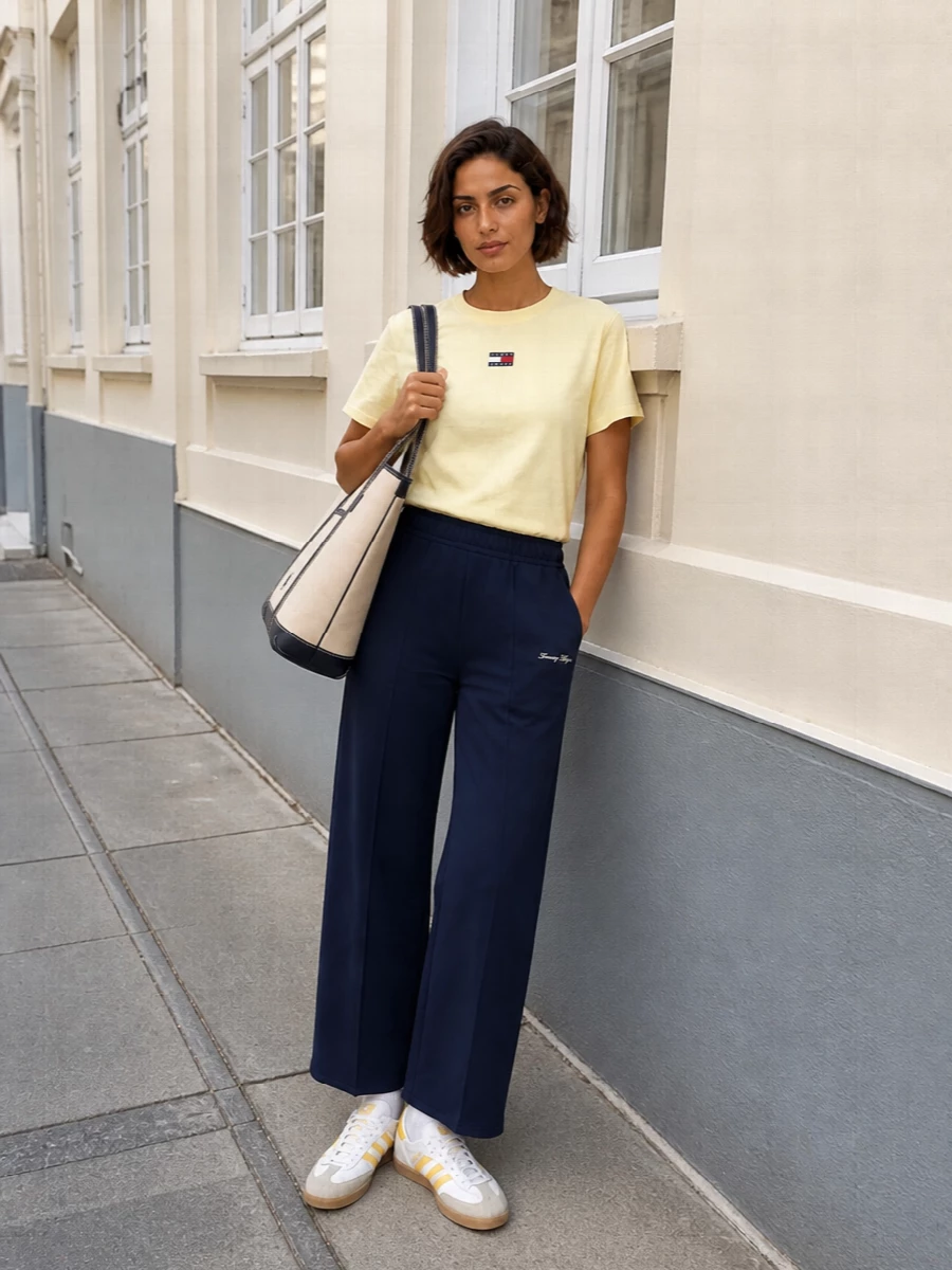 Tommy hilfiger yellow tee navy wide leg pants