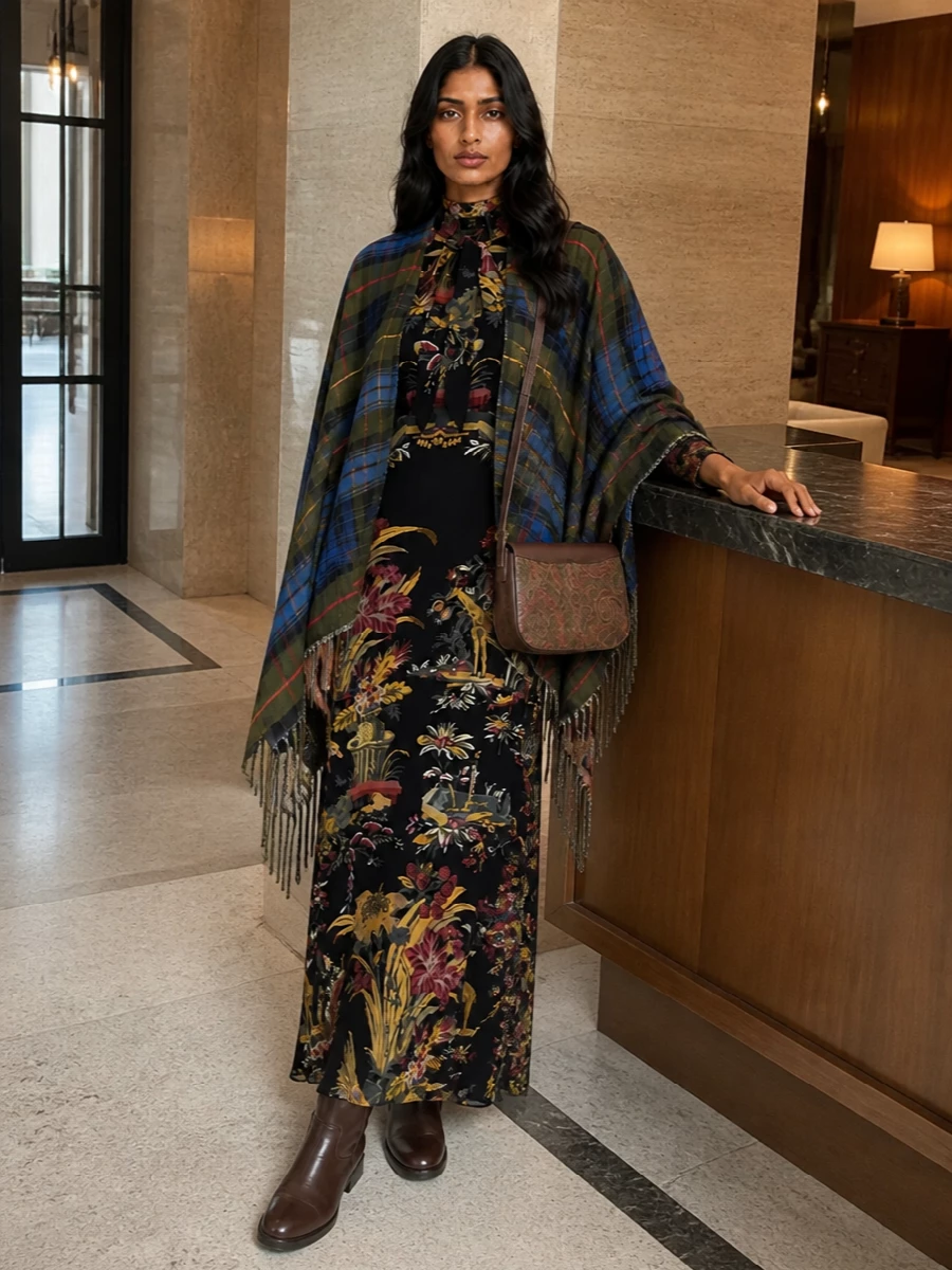 I am anchoring the cape with a single dramatic printed dress rather than top and trouser, so the outfit reads as intentional Etro bohemia rather than a clash of patterns. The inky maxi and chocolate knee boots create a sleek vertical line under the sweeping tartan, with the slim paisley shoulder bag tying together the greens and browns in a quietly rich way. This is countryside-luxe for city evenings, graphic but still coherent and grown up in its print-on-print story.