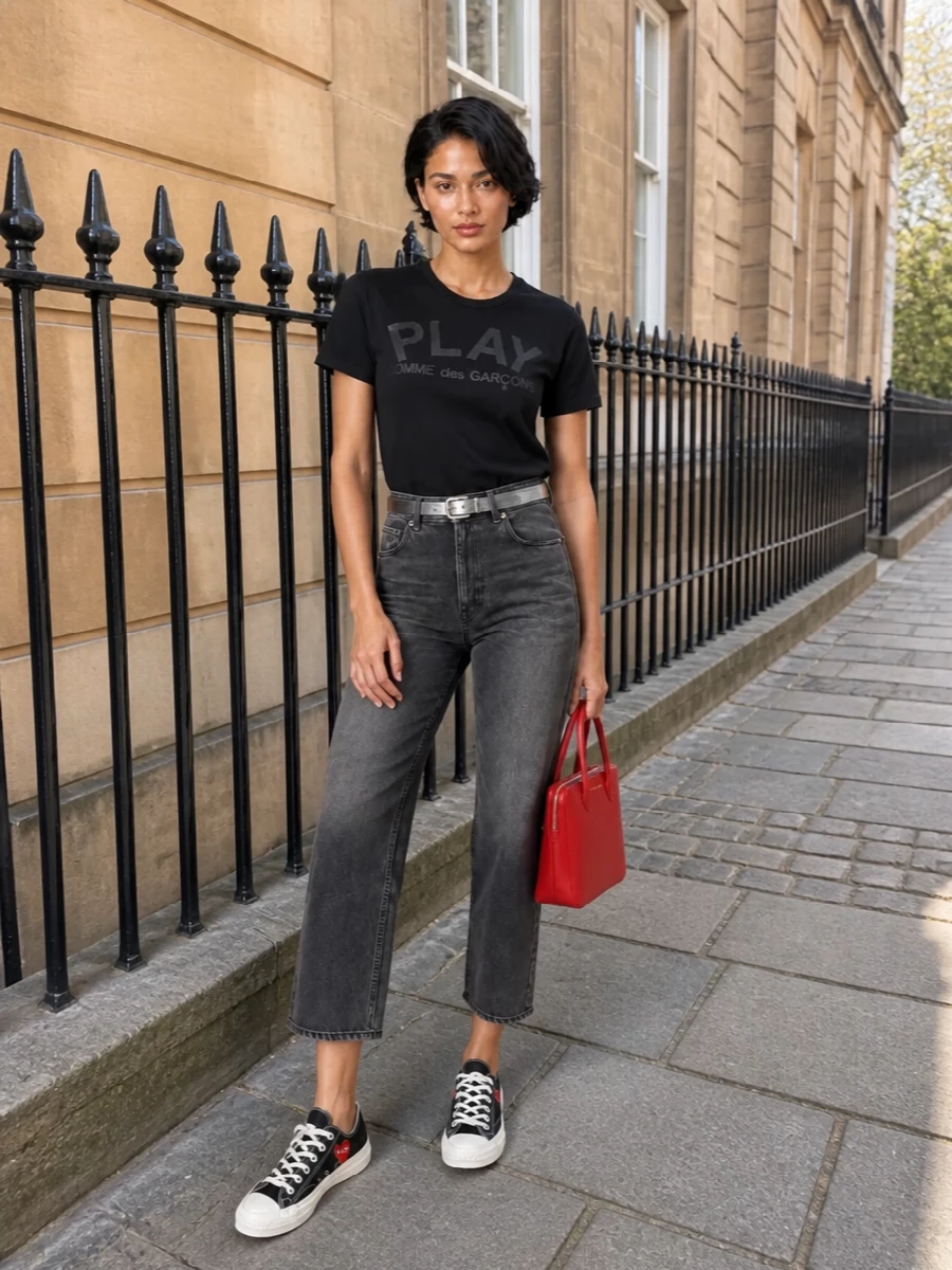 Comme des garcons play tee black jeans sneakers