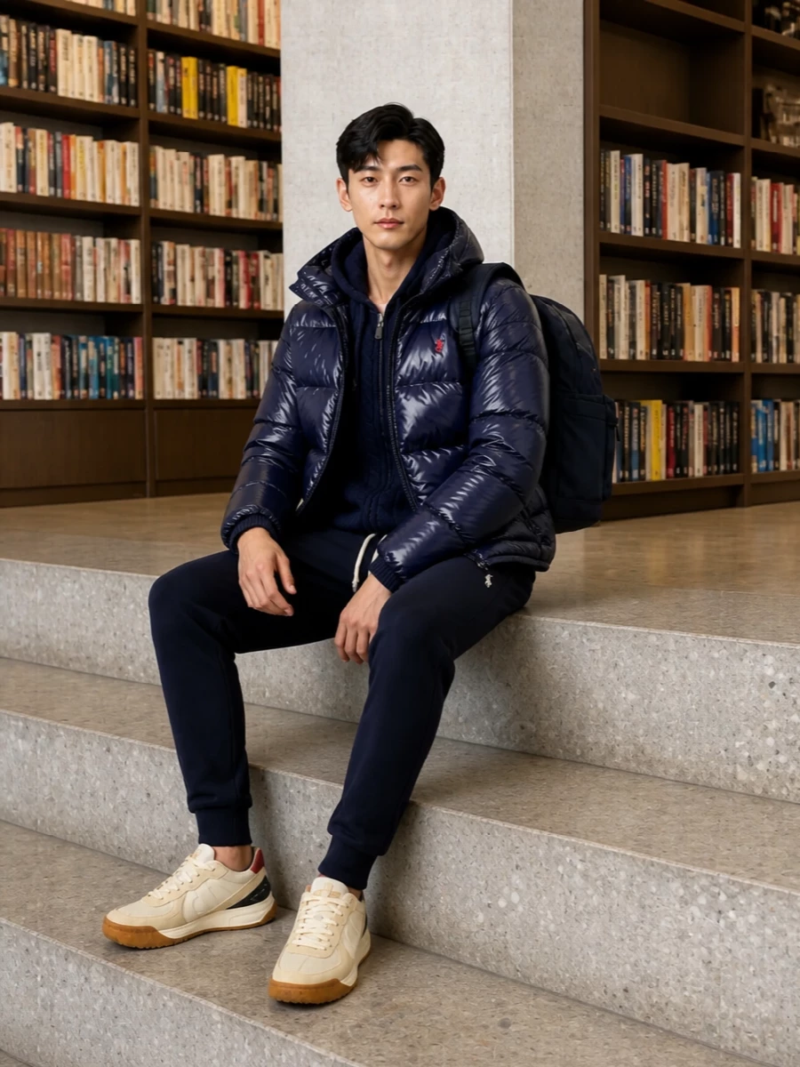 A navy-on-navy Ralph Lauren base gives this winter set a clean, collegiate sport energy, with the cable-knit texture under the puffer adding quiet depth. Moncler-inspired cream runners and a padded technical backpack keep the mood firmly urban and ready for cold city days. The result is an easy, insulated uniform for travel, commutes or off-duty weekends when you want warmth with polish.
