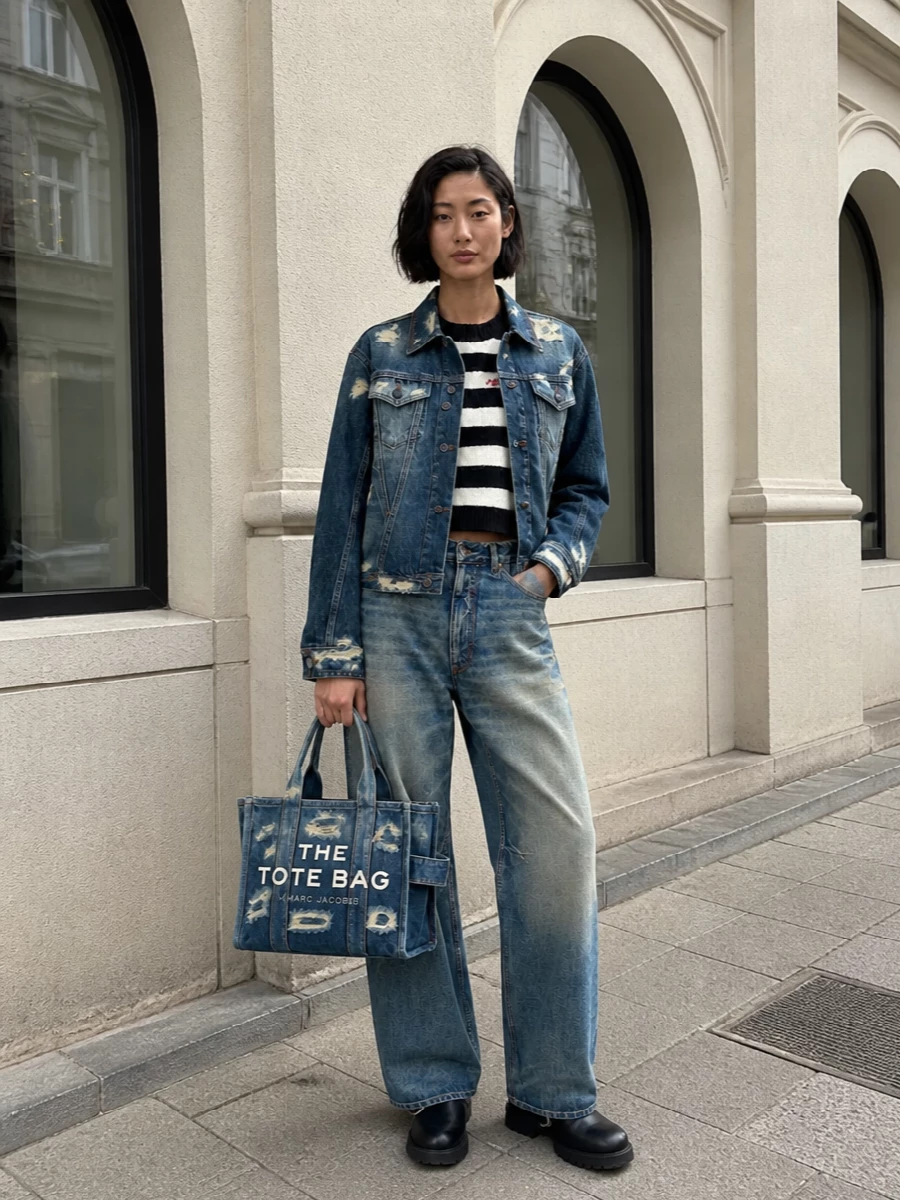 Marc jacobs distressed denim jacket wide leg jeans