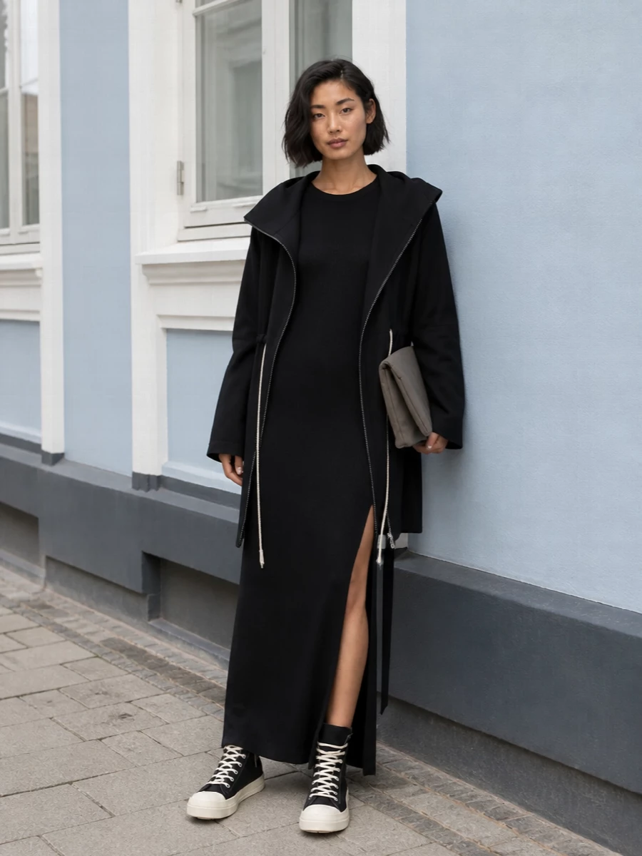 Rick owens black maxi dress with sneakers