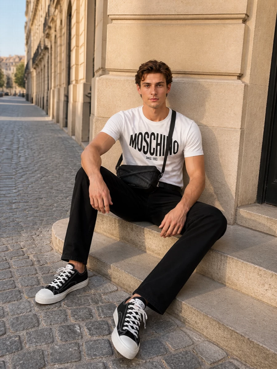 Moschino white logo tee black jeans outfit