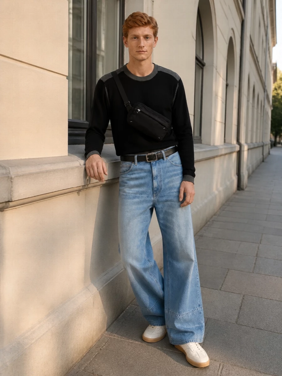Mm6 margiela wide leg jeans black knit sneakers