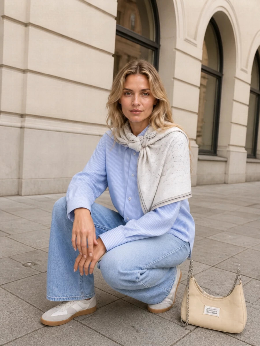 Washed wide-leg denim meets an easy pale blue striped shirt for a softly androgynous, studio-ready uniform. Off-white Margiela sneakers and a butter-beige crescent bag keep the palette light and precise. A sketch-like square scarf adds just enough quiet artfulness without disturbing the clean lines.