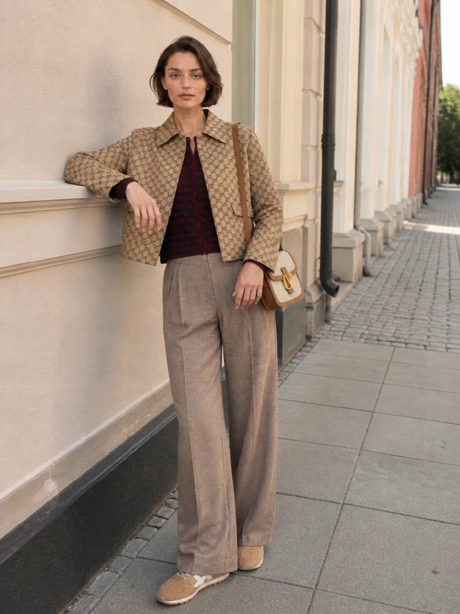 I’m building around the Gucci jacket with a trouser-based outfit rather than a dress, so the cropped outerwear can really work the proportion against a long, fluid leg. The Fendi-esque taupe wide-leg trousers and burgundy striped cardigan create a rich neutral-and-wine story that lets the monogram stand out while still feeling modern and a touch street. Camel runners and a structured Valentino canvas bag tie everything into a quietly branded, city-ready uniform you could wear from coffee runs to informal client meetings.