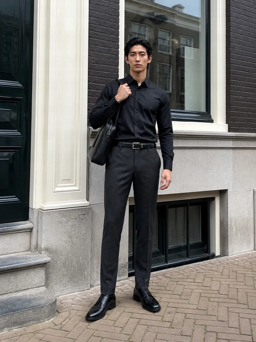 Prada charcoal trouser black shirt formal outfit