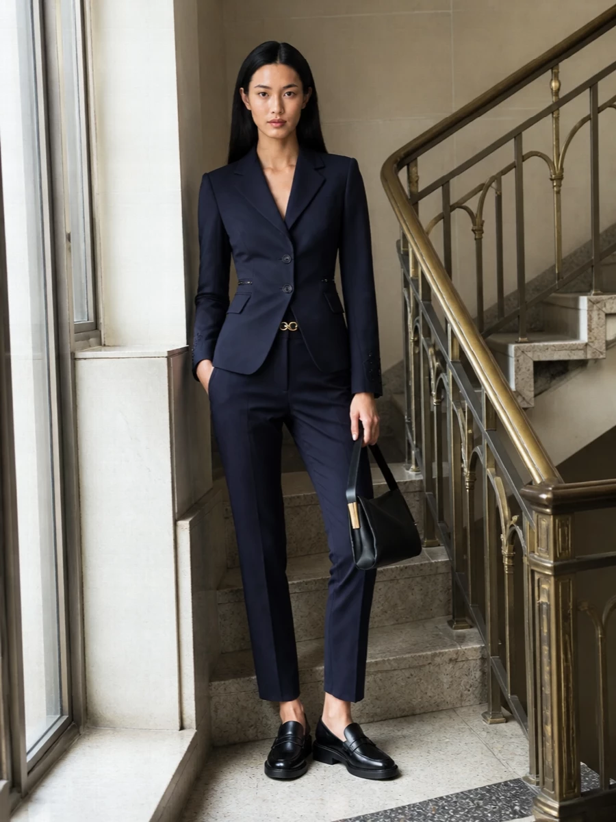 Elisabetta franchi navy blazer suit tods loafers
