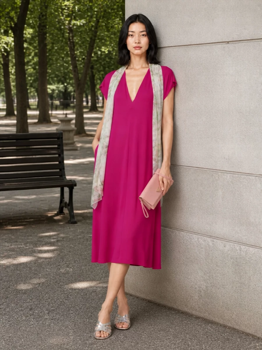 Dries van noten fuchsia dress silver mules