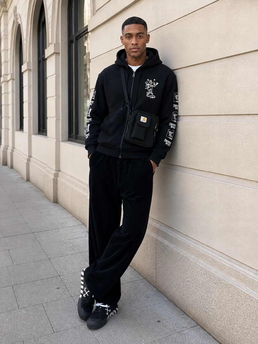 Carhartt hoodie wide black pants off white sneakers