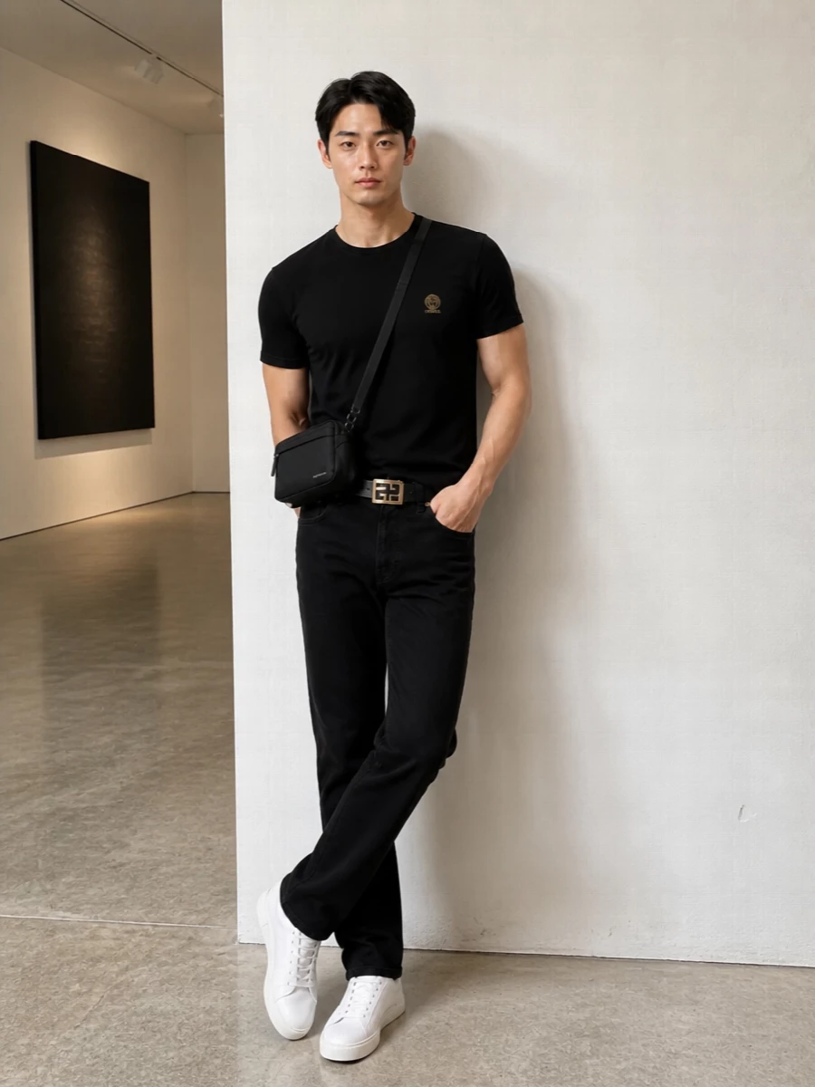 Versace black tee black jeans white sneakers
