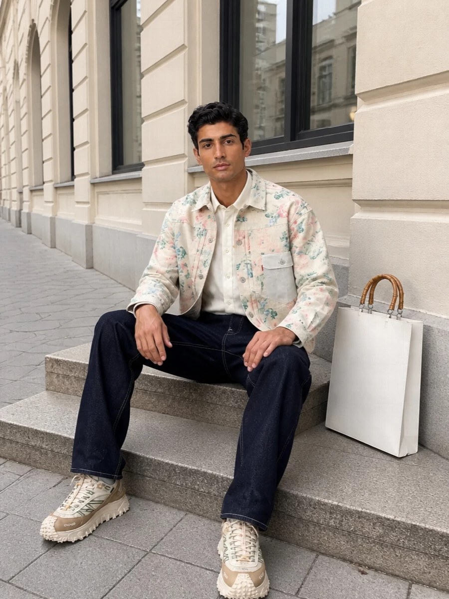 Junya watanabe floral jacket raw denim outfit