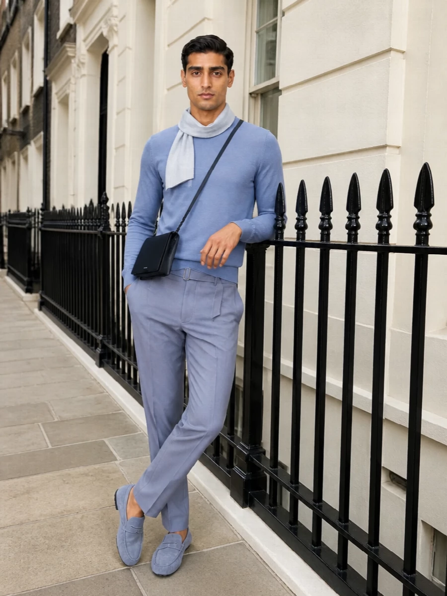 John smedley blue sweater lardini trousers outfit
