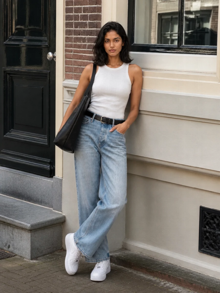 Light-wash relaxed jeans and a close-cut white ribbed tank create a clean, off-duty base with just the right amount of ease. White sneakers keep everything fresh and grounded, while a sharp black tote and belt add a quiet graphic contrast for city days on the move.