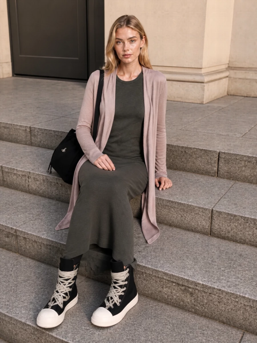 Rick owens ribbed maxi dress blush cardigan outfit