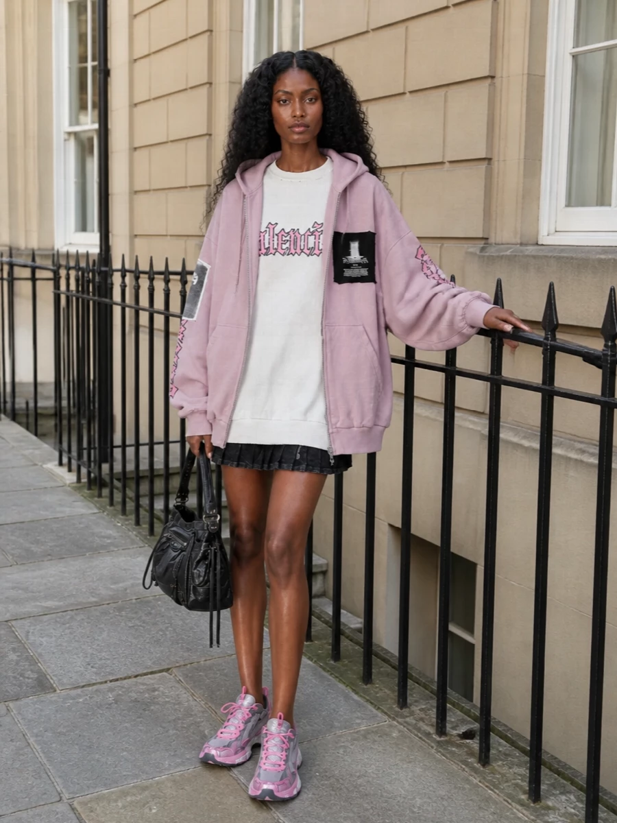 Balenciaga pink hoodie sweatshirt dress outfit