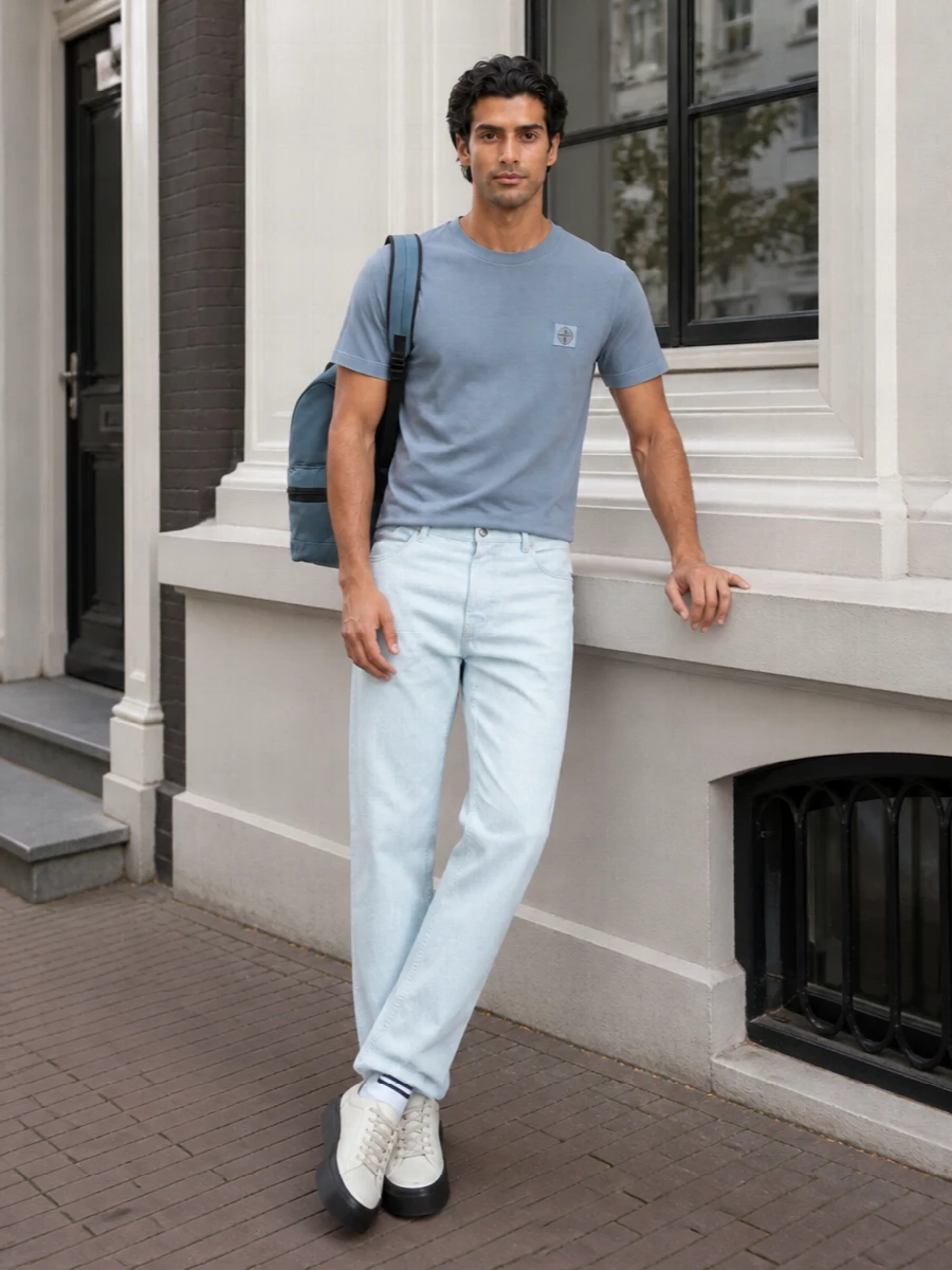 Stone island dusty blue tee light wash jeans