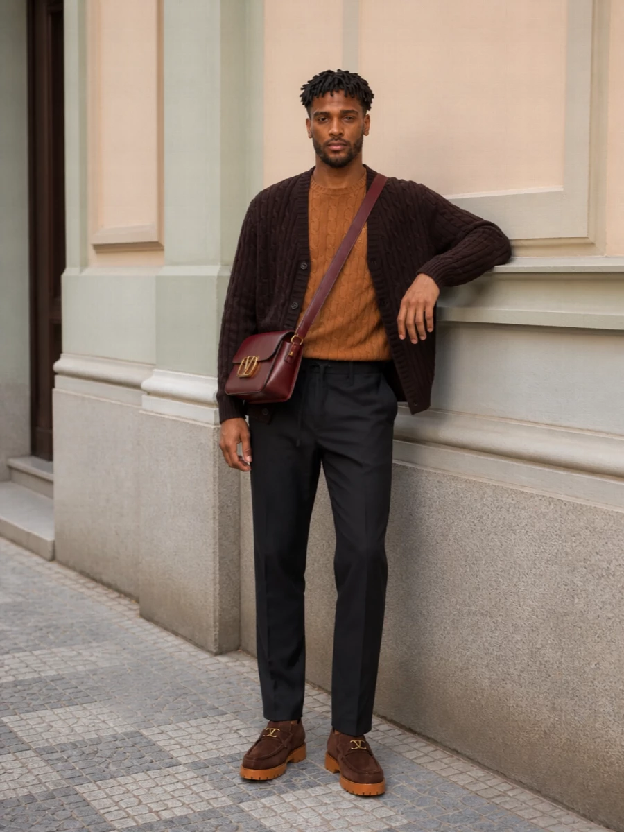 Espresso and camel knitwear set a warm, quiet foundation, with soft-tailored black drawstring trousers keeping the silhouette relaxed but considered. Chunky chocolate suede chukkas echo the cardigan’s weight, while a structured bordeaux crossbody ties into the lining for a subtle hit of color and polish. The result is an Italian winter uniform that moves easily from weekend city walks to low-key dinners.
