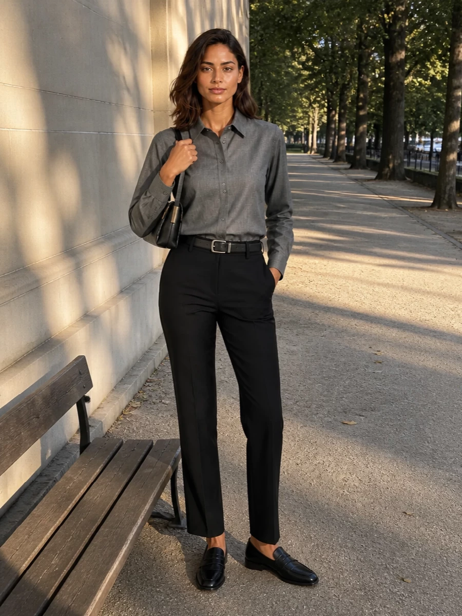 Frankie shop grey shirt black tailored trousers