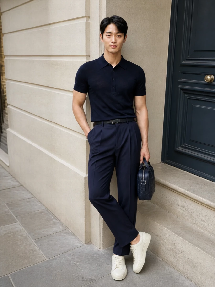 Mens navy polo pleated trousers summer outfit