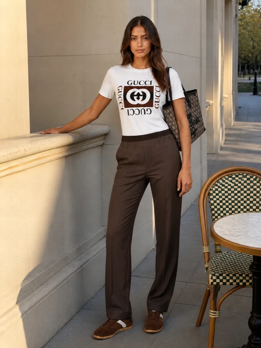 Logo-forward but grown, this pairing lets the Gucci tee sit against rich chocolate track tailoring for a relaxed but intentional take on street. Brown retro runners keep the line clean and sporty, while the witty monogram tote brings just enough graphic attitude to feel city-ready without tipping into high-drama branding.