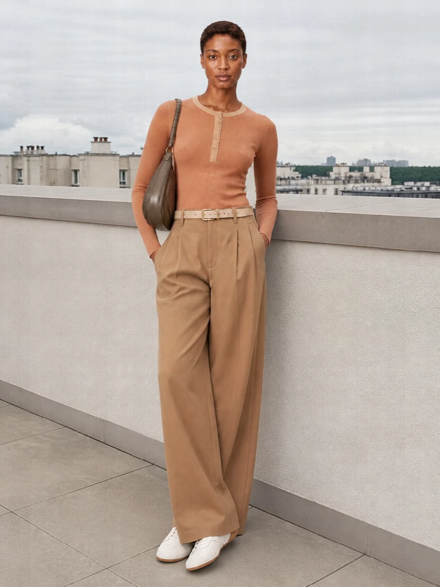 Chloe camel wide leg trousers camel henley