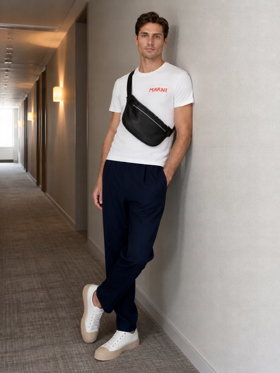Marni white tee navy trousers outfit