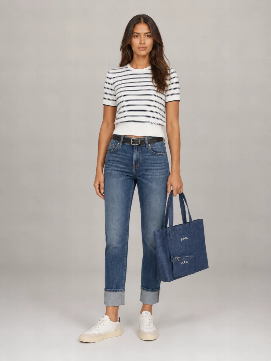Dark indigo straight denim meets a cropped Breton stripe for a clean, French inflected take on casual. Neutral court sneakers and a structured denim tote keep the palette tight and unfussy, while a slim black belt pulls everything into a neat, leg lengthening line. It is an easy city uniform that reads considered rather than overstyled.