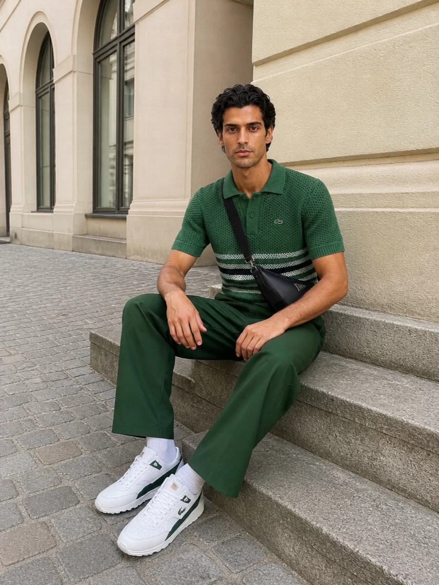 Lacoste green track pants knit polo sneakers