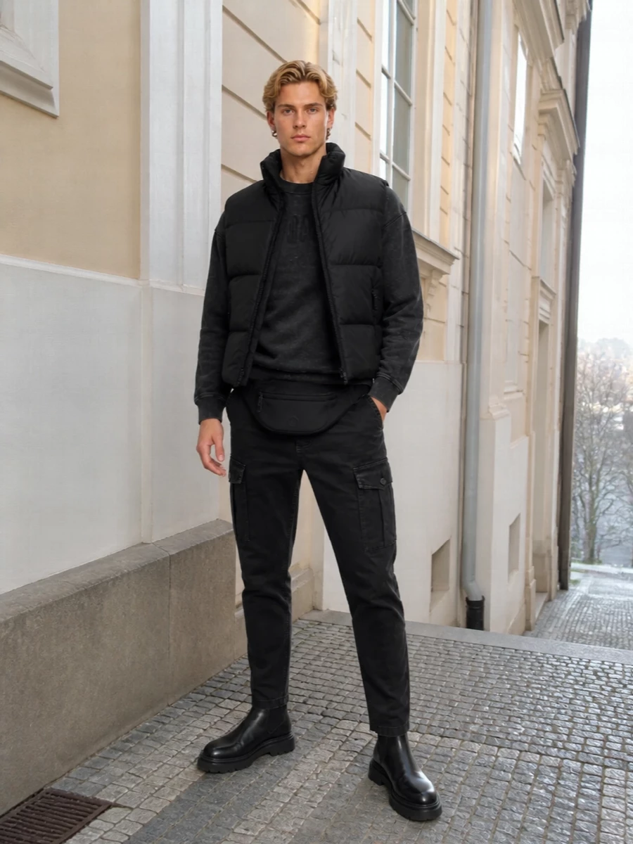 Dsquared2 black gilet cargo pants boots outfit