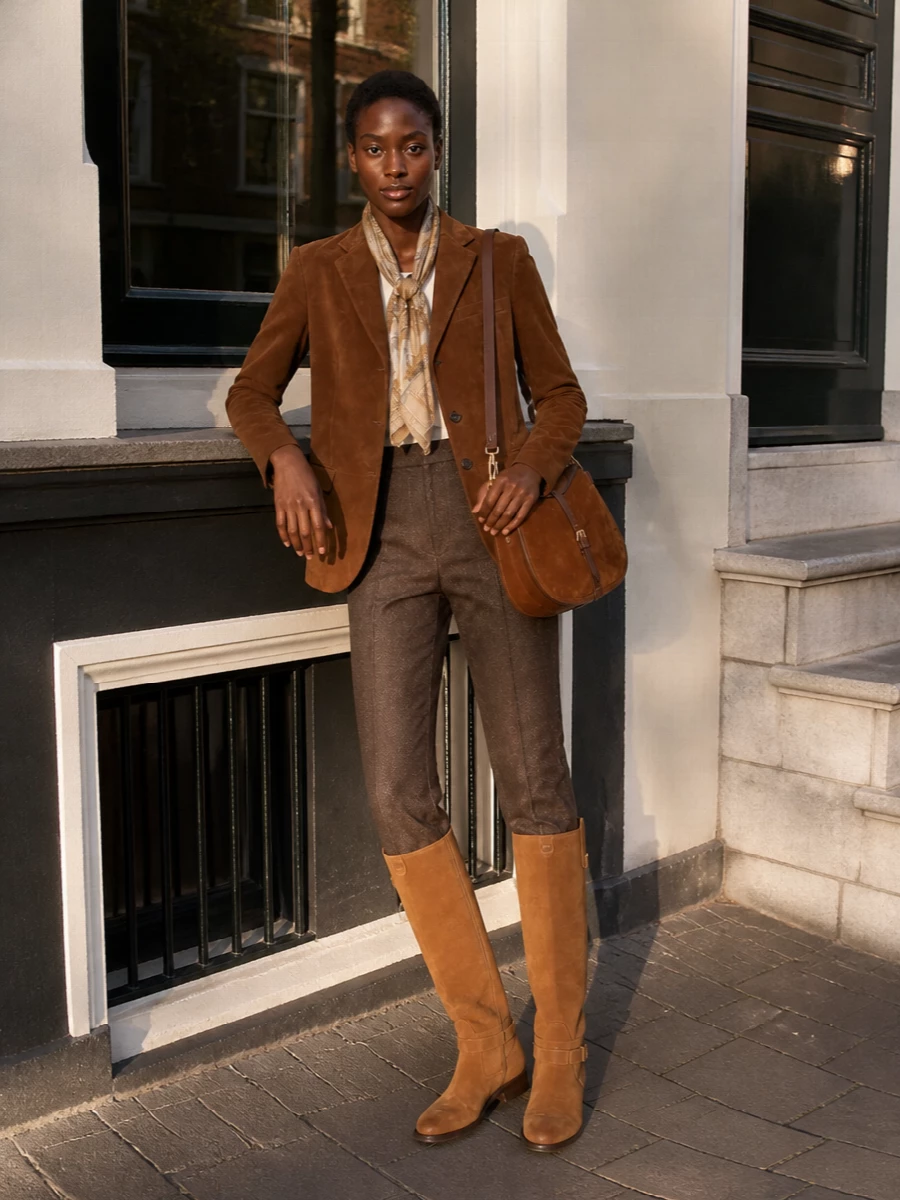 Ralph lauren suede blazer riding boots outfit