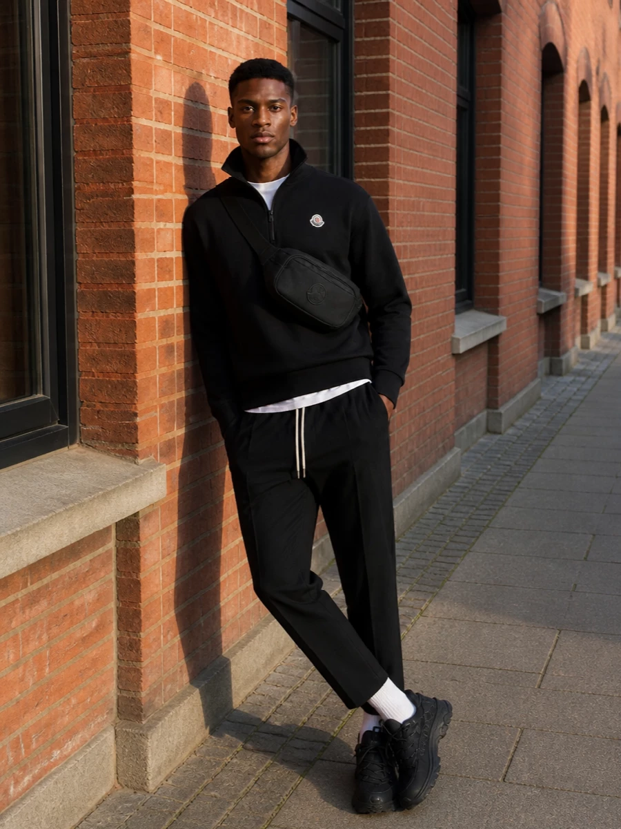 Moncler black half zip cropped joggers outfit