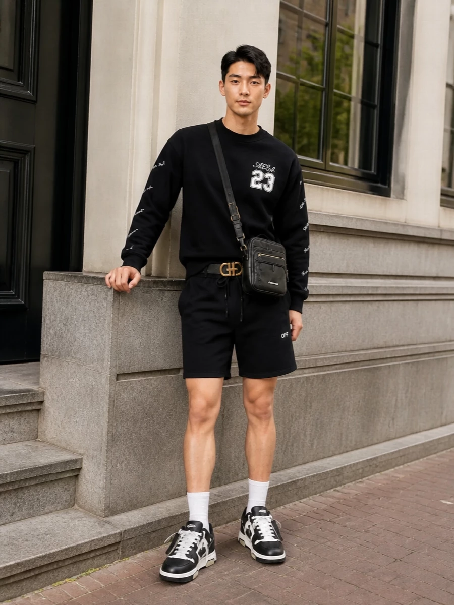 Off white crewneck black shorts streetwear outfit