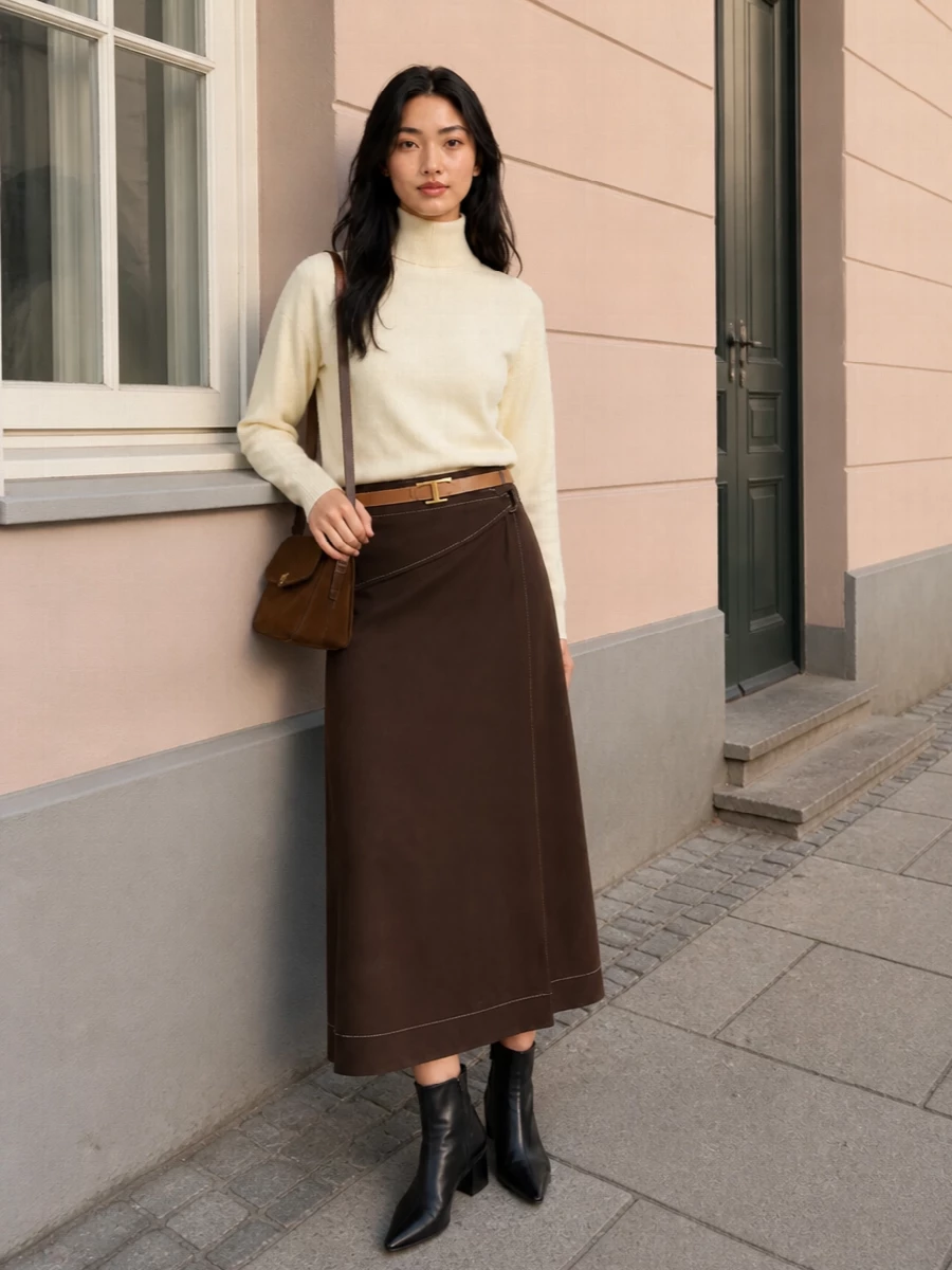 Tory burch brown wrap skirt cream turtleneck