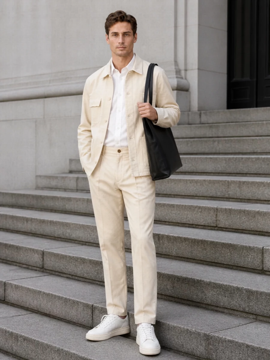 Apc beige chore jacket pleated chinos outfit
