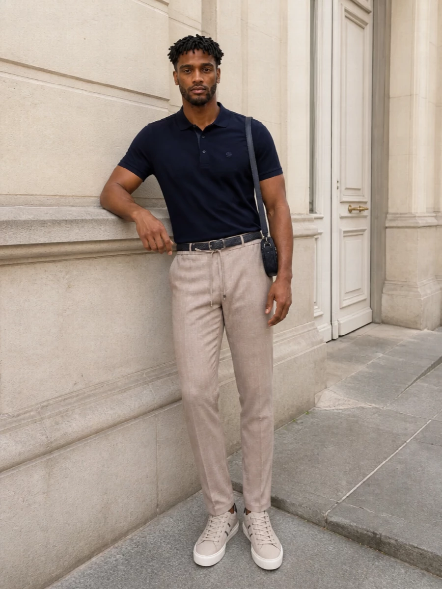 Etro navy polo beige drawstring trousers outfit