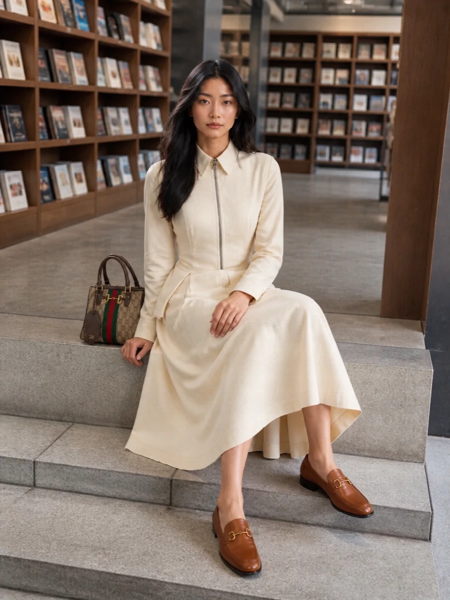 A buttercream Bottega midi paired with the structured Gucci shoulder bag gives a serene, tailored take on Italian quiet luxury. The sculpted peplum and pleats add interest through cut rather than print, letting the bag’s heritage stripe stay in focus. Tan loafers keep it grounded for city days, with the whole outfit reading polished but intentionally understated.