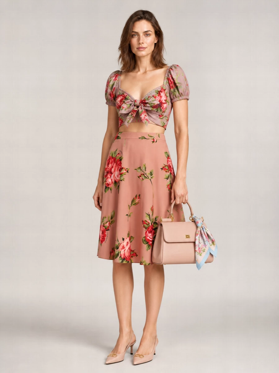 Dolce&Gabbana Silk Bouquet Rose Print Midi A-Line Skirt
