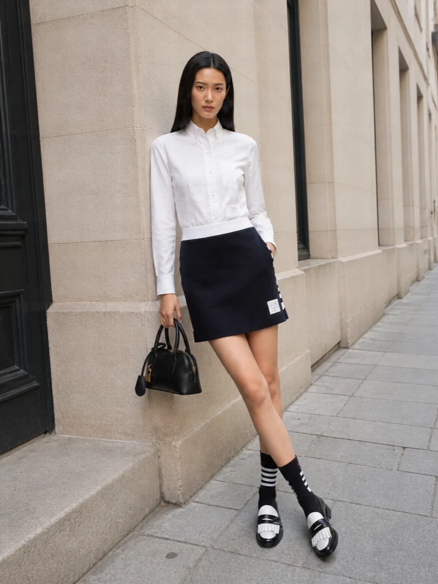 A crisp white slim-fit Thom Browne shirt is tucked into the navy A-line mini, letting the contrast waistband and side stripes feel clean and collegiate. Patent black-and-white mule loafers and a structured black mini bowler bag keep the lines sharp and quietly luxurious, while striped mid-calf socks add a discreet uniform twist that still reads polished for SS city days.