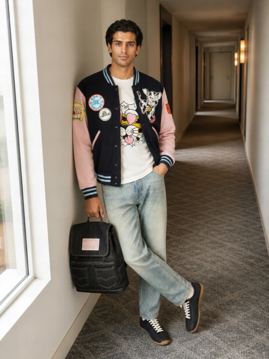 Kenzo varsity bomber faded jeans outfit