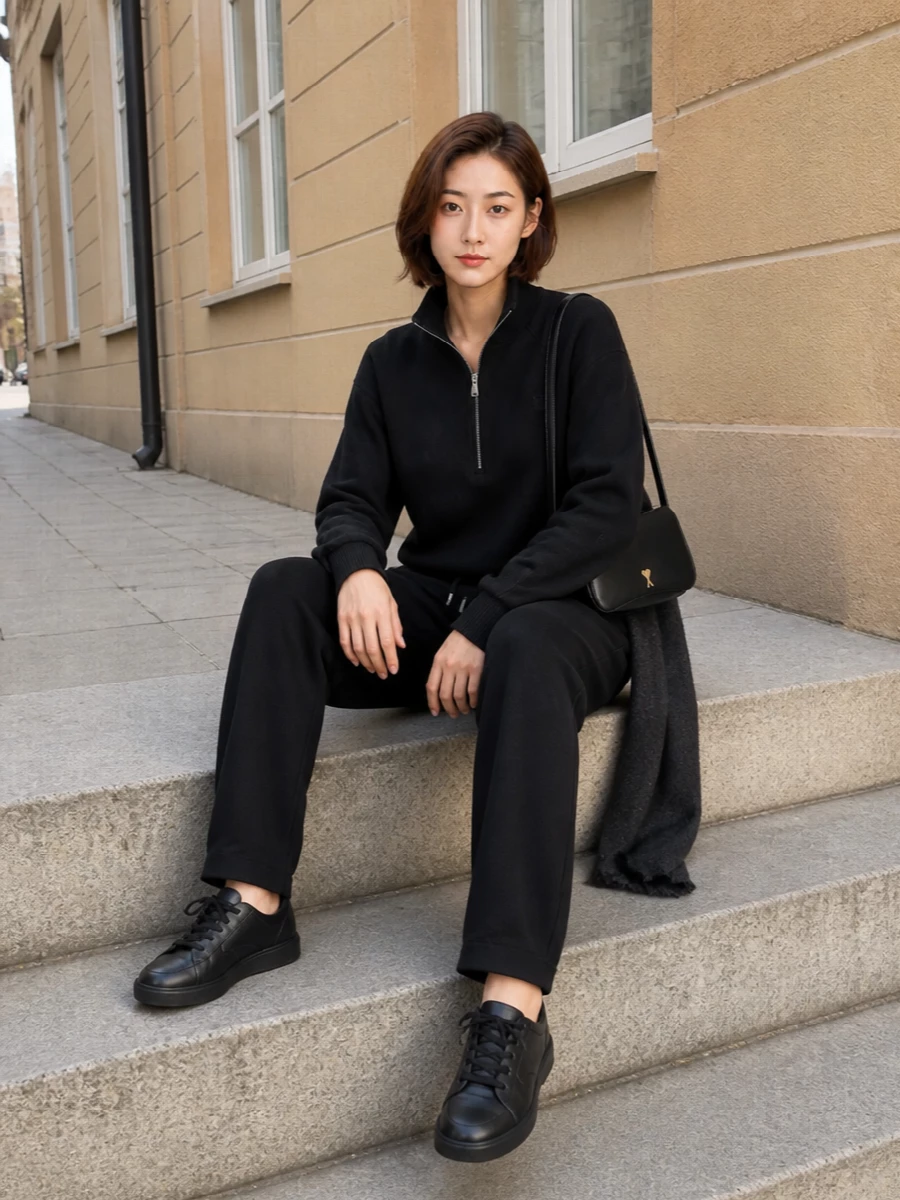 Ami paris black lounge pants half zip outfit